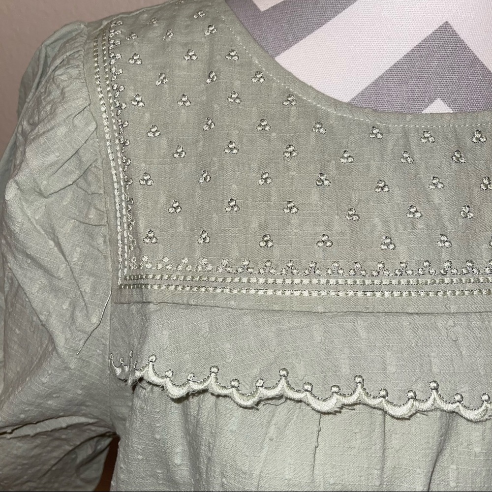 Sage Green Swiss Dotted Texture Cotton Scalloped Top Lurex Woven Detail S M L XL - Picture 13 of 14